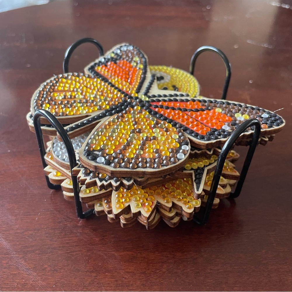 Colorful Butterfly Bee Flower Bedazzled Coaster Set